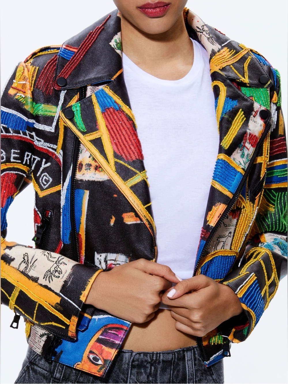 Alice + Olivia X Basquiat Cody Embellished Leather Jacket In Liberty. Size XS - Picture 3 of 17